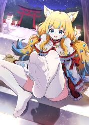Rule 34 | 1girl, animal ears, blonde hair, blue eyes, feet, highres, light blush, long hair, looking at viewer, multicolored hair, open mouth, see-through, see-through legwear, sky, soles, star (sky), starry sky, streaked hair, thighhighs, toes, virtual youtuber, white thighhighs