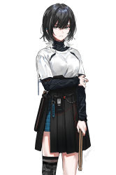 Rule 34 | 1girl, arisaka ako, black hair, black skirt, closed mouth, drumsticks, feet out of frame, green eyes, highres, long sleeves, looking at viewer, medium hair, mole, mole under mouth, multicolored hair, original, pleated skirt, shirt, simple background, single thighhigh, skirt, solo, standing, thighhighs, white background, white hair, white shirt