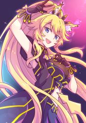 Rule 34 | 1girl, :d, animal ear fluff, animal ears, arm up, black dress, black gloves, blonde hair, blue eyes, breasts, dress, e20, gloves, high ponytail, highres, long hair, looking at viewer, medium breasts, open mouth, ponytail, rararin (show by rock!!), show by rock!!, sleeveless, sleeveless dress, smile, solo, tail, very long hair
