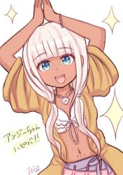 Rule 34 | 1girl, apron, blue eyes, blush, danganronpa (series), danganronpa v3: killing harmony, flat chest, frilled apron, frills, hair ornament, jacket, jewelry, long hair, looking at viewer, low twintails, open mouth, skirt, smile, solo, tokaku796, translation request, twintails, white hair, yonaga angie