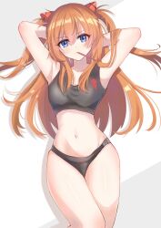 Rule 34 | 1girl, arms up, artist request, bare arms, bare legs, bare shoulders, blue eyes, breasts, brown hair, curvy, gym uniform, highres, interface headset, long hair, looking at viewer, medium breasts, navel, neon genesis evangelion, shiny skin, simple background, solo, souryuu asuka langley, sports bikini, twintails, very long hair, white background, wide hips