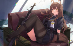 Rule 34 | 1girl, animal ear fluff, animal ears, arknights, black gloves, black pantyhose, black thighhighs, broken glass, brown eyes, brown hair, couch, debris, feet, finger to mouth, fox ears, fox girl, fox tail, franka (arknights), glass, gloves, highres, holding, holding weapon, id card, long hair, looking at viewer, pantyhose, scabbard, sheath, sitting, smile, sword, tail, thighhighs, weapon, zayur