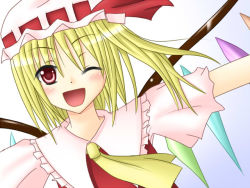 Rule 34 | 1girl, blonde hair, blouse, collared shirt, dotera, embodiment of scarlet devil, female focus, flandre scarlet, gradient background, hair between eyes, hanazome dotera, hat, mob cap, one eye closed, red eyes, shirt, side ponytail, solo, touhou, white hat, white shirt, wings, wink