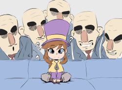 Rule 34 | 1girl, 5boys, ?, a hat in time, bad id, bad pixiv id, bald, big nose, blue eyes, brown hair, cape, couch, hat, hat kid, indian style, low ponytail, mafia (a hat in time), meme, multiple boys, parody, piper perri surrounded (meme), sitting, solo focus, spicy bardo, surrounded, thick eyebrows, top hat, yellow cape, zipper