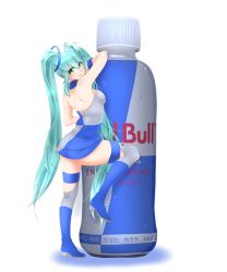 Rule 34 | 1girl, boots, green eyes, green hair, hatsune miku, high heels, highres, long hair, matching hair/eyes, nokko, red bull, shoes, solo, thigh boots, thighhighs, twintails, very long hair, vocaloid