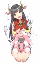 Rule 34 | 1girl, absurdres, animal, animal ears, animal on lap, chito (flying witch), collared shirt, cow ears, cow horns, flying witch, highres, horns, ishizuka chihiro, kowata makoto, neck bell, official art, on lap, shirt, simple background, smile, solo, teeth, thighs, upper teeth only, white background