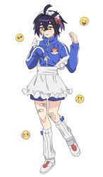 Rule 34 | 1boy, apron, bandaid, bandaid on face, bandaid on knee, bandaid on leg, black hair, blue jacket, blush, colored inner hair, commentary, creatures (company), crossed bangs, emoji, frills, full body, game freak, hair between eyes, hands up, headdress, highres, jacket, jersey maid, kieran (pokemon), knees, long sleeves, looking down, maid, male focus, multicolored hair, nintendo, p (flavorppp), pokemon, pokemon sv, ribbed socks, shoes, short hair, shorts, sleeves past wrists, socks, solo, strap slip, sweatdrop, symbol-only commentary, unconventional maid, white background, yellow eyes, zipper pull tab