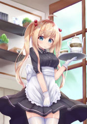 Rule 34 | 1girl, ahoge, apron, apron tug, black dress, blonde hair, breasts, cactus, covering crotch, covering privates, cup, dress, frown, gloves, hair bobbles, hair ornament, highres, holding, holding tray, long hair, looking at viewer, medium breasts, mizuki haruka, original, plant, potted plant, solo, standing, teacup, teapot, thighhighs, tray, uniform, waitress, white gloves, white thighhighs, window