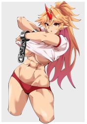Rule 34 | 1girl, abs, absurdres, blonde hair, breasts, buruma, chain, clothes lift, commentary request, cowboy shot, cuffs, fugaku (miko no miyatsuguchi), gym shirt, gym uniform, highres, horns, hoshiguma yuugi, large breasts, lifted by self, long hair, looking at viewer, muscular, muscular female, oni, pointy ears, ponytail, red buruma, red eyes, red horns, shackles, shirt, shirt lift, short sleeves, simple background, single horn, solo, star (symbol), touhou, underboob