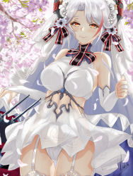 Rule 34 | 1girl, adapted costume, alternate costume, antenna hair, azur lane, bare shoulders, blush, breasts, bridal gauntlets, bridal veil, brown eyes, cleavage, clenched hand, closed mouth, collarbone, cross, dated, day, dress, feathers, flower, garter belt, garter straps, gloves, hair between eyes, hair ornament, half-closed eyes, hands up, headgear, highres, iron cross, jewelry, large breasts, light particles, long hair, looking at viewer, machinery, mole, mole on breast, multicolored hair, nail polish, no bra, outdoors, panties, parted lips, petals, pink nails, piukute062, prinz eugen (azur lane), prinz eugen (symphonic fate) (azur lane), red hair, rigging, ring, see-through, smile, solo, thighhighs, thighs, two side up, underwear, veil, very long hair, wedding band, wedding dress, white dress, white flower, white footwear, white gloves, white hair, white panties, white thighhighs