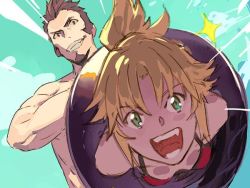 Rule 34 | 1boy, 1girl, beard, bikini, blonde hair, brown hair, cannon, clenched teeth, cloud, day, diffraction spikes, facial hair, fate/grand order, fate (series), goatee, green eyes, grin, long sideburns, looking at viewer, mordred (fate), mordred (fate) (all), mordred (fate/apocrypha), mordred (swimsuit rider) (fate), mordred (swimsuit rider) (first ascension) (fate), napoleon bonaparte (fate), open mouth, pako (pakosun), sideburns, smile, swimsuit, teeth