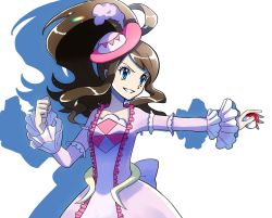 Rule 34 | 1girl, blue eyes, brown hair, clenched hand, collarbone, commentary request, creatures (company), dress, eyelashes, game freak, hat, high ponytail, highres, hilda (pokemon), hilda (special costume) (pokemon), holding, holding poke ball, long hair, long sleeves, nintendo, official alternate costume, outstretched arm, pink dress, pink hat, poke ball, poke ball (basic), pokemon, pokemon masters ex, shaaamooojiii, sidelocks, smile, solo