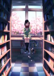 1girl black_hair black_socks blue_eyes book bookshelf glasses kneehighs library original petals school school_uniform shoes skirt smile socks solo unowen