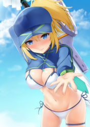Rule 34 | 1girl, arm up, artoria pendragon (fate), baseball cap, bikini, blonde hair, blue eyes, blue hat, blue sky, blush, breasts, cloud, commentary request, cowboy shot, day, fate/grand order, fate (series), groin, hair between eyes, hat, highres, holding, holding weapon, large breasts, leaning forward, long sleeves, looking at viewer, mysterious heroine x (fate), mysterious heroine xx (fate), navel, nose blush, outdoors, ponytail, reaching, reaching towards viewer, short hair, short ponytail, shrug (clothing), side-tie bikini bottom, signature, skindentation, sky, smile, solo, standing, stomach, swimsuit, tatsumiya kagari, thigh gap, thigh strap, thighs, twinmyniad (fate), weapon, white bikini