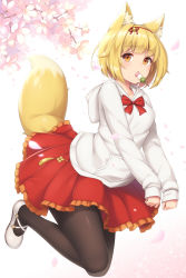 Rule 34 | 1girl, animal ear fluff, animal ears, bell, black pantyhose, blonde hair, blush, bow, bowtie, cherry blossoms, dango, flat chest, food, food in mouth, fox ears, fox tail, frilled skirt, frills, gradient background, hair bell, hair ornament, hair ribbon, highres, hood, hood down, jingle bell, jumping, leaning forward, long sleeves, looking at viewer, medium skirt, mouth hold, orange eyes, original, pantyhose, petals, red bow, red bowtie, red ribbon, red skirt, ribbon, sanshoku dango, sasaame, shoes, short hair, skirt, sleeves past wrists, solo, tail, tareme, tassel, wagashi, white background, white footwear