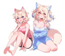 Rule 34 | 2girls, absurdres, animal ears, blonde hair, blue eyes, blue hair, blush, breasts, cleavage, collarbone, dog ears, dog girl, dog tail, fuwawa abyssgard, highres, hololive, hololive english, large breasts, long hair, looking at viewer, mococo abyssgard, multiple girls, open mouth, pink eyes, pink hair, savi (byakushimc), simple background, sitting, small breasts, smile, tail, virtual youtuber, white background