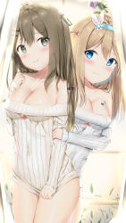 Rule 34 | 2girls, absurdres, bachibachi (tisen), bare shoulders, beige sweater, blonde hair, blue eyes, blush, bodypaint, breasts, brown eyes, brown hair, cleavage, closed mouth, clothes tug, clothing cutout, collarbone, covered navel, curtains, dress, embarrassed, flower, girls&#039; frontline, hair between eyes, hair ornament, hairband, hairclip, head tilt, heart, highres, holding another&#039;s arm, indoors, k2 (girls&#039; frontline), large breasts, long hair, looking at viewer, medium breasts, multiple girls, plant, ribbed sweater, sidelocks, smile, snowflake hair ornament, standing, strapless, strapless dress, suomi (girls&#039; frontline), sweater, sweater dress, sweater tug, thighs, underboob cutout, white sweater, window