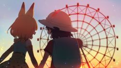 Rule 34 | 10s, 2girls, :d, animal ears, backpack, bag, bare shoulders, black hair, bow, bowtie, bucket hat, commentary request, elbow gloves, facing away, ferris wheel, from behind, gloves, grey hat, grey shirt, hand grab, hat, hat feather, high-waist skirt, highres, holding hands, kaban (kemono friends), kemono friends, light particles, multiple girls, open mouth, orange gloves, orange hair, orange neckwear, orange skirt, outdoors, serval (kemono friends), serval print, serval tail, shirt, short hair, skirt, sleeveless, sleeveless shirt, smile, sunset, tail, tomato (lsj44867)