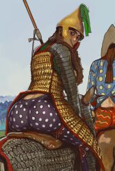 Rule 34 | 1girl, arrow (projectile), bow (weapon), braid, breasts, hat, highres, historically accurate costume, large breasts, leggings, long hair, looking back, mossacannibalis, original, patterned clothing, quiver, red hair, scythian, sword, weapon, white background