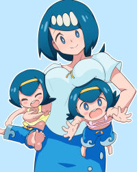 Rule 34 | 3girls, barefoot, blue background, blue eyes, blue hair, blue shorts, blue skirt, blush stickers, breasts, bright pupils, carrying, closed mouth, commentary request, creatures (company), freckles, game freak, hairband, harper (pokemon), highres, lana&#039;s mother (pokemon), large breasts, long hair, looking at viewer, looking down, mature female, mother and daughter, multiple girls, nintendo, no sclera, open mouth, outline, owlz, pokemon, pokemon (anime), pokemon sm (anime), sarah (pokemon), shirt, short sleeves, shorts, skirt, smile, soles, tank top, teeth, toes, upper teeth only, white pupils, yellow hairband, yellow shirt