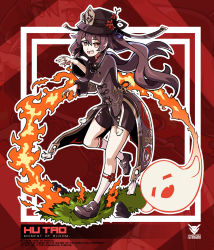 Rule 34 | + +, 1girl, absurdres, artist name, bike shorts, black headwear, black nails, bright pupils, brown eyes, brown hair, character name, fire, genshin impact, ghost, hair between eyes, highres, hu tao (genshin impact), leg strap, looking at viewer, nail polish, open hands, open mouth, solo, twintails, vistahero, white pupils