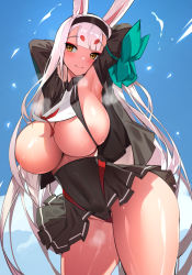 Rule 34 | 1girl, absurdres, aged up, alternate breast size, animal ears, armpits, arms behind head, arms up, azur lane, blush, breasts, covered navel, curvy, hairband, highleg, highleg panties, highres, huge breasts, jacket, long hair, microskirt, open clothes, open jacket, panties, panties over clothes, rabbit ears, rabbit girl, red panties, shimakaze (azur lane), skirt, smile, solo, thick thighs, thighs, underboob, underwear, very long hair, white hair, yellow eyes, yeong r6