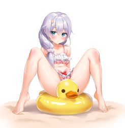 Rule 34 | 1girl, absurdres, bad id, bad pixiv id, bare shoulders, bikini, blue eyes, blush, character request, closed mouth, collarbone, duck innertube, frilled bikini, frills, front ponytail, hair between eyes, highres, honkai (series), innertube, long hair, looking at viewer, navel, sand, silver hair, sitting, sitting on object, solo, spread legs, stomach, swim ring, swimsuit, theresa apocalypse, white background, zihn