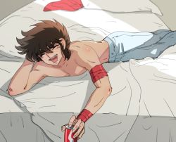 Rule 34 | 1boy, armband, bed, blush, brown hair, can, closed eyes, drink can, facing viewer, feet out of frame, hand on own head, indoors, looking at viewer, lying, male focus, navel, nerimeshi, on side, pants, pegasus seiya, pillow, saint seiya, shirt, smile, soda can, solo, topless male, white pants