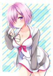 Rule 34 | 1girl, arm at side, blush, border, bow, breasts, cleavage, closed mouth, collarbone, cowboy shot, dress, dress bow, fate/grand order, fate (series), glasses, grey jacket, hair over one eye, hand up, holding, holding removed eyewear, hood, hood down, hooded jacket, jacket, leaning forward, long sleeves, mashu kyrielite, medium breasts, minakami rinka, open clothes, open jacket, outside border, parted bangs, pink eyes, pink hair, red bow, short dress, short hair, sleeves past wrists, smile, solo, striped background, unworn eyewear, white dress, zipper