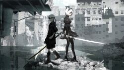 Rule 34 | 1boy, 1girl, black blindfold, black dress, black footwear, black hairband, blindfold, boots, breasts, building, commentary, covered eyes, day, dress, full body, hairband, high heels, highres, holding, holding sword, holding weapon, katana, long sleeves, medium breasts, nier:automata, nier (series), outdoors, ruins, short hair, standing, sword, thigh boots, water, weapon, white hair, yorha 2b2e, 2b (nier:automata), 9s (nier:automata)