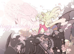 Rule 34 | 2girls, bare shoulders, blonde hair, character name, dated, english text, falling petals, final fantasy, final fantasy vi, floating, floating hair, flower, hair ornament, highres, jewelry, long hair, looking at another, multiple girls, namit, pantyhose, petals, ponytail, psychic, ribbon, tina branford, trance terra branford