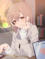 Rule 34 | 1girl, ahoge, blush, book, bookshelf, brown eyes, brown hair, brown hoodie, cellphone, chahanramen, crossed bangs, double-parted bangs, earrings, fingernails, hair between eyes, head rest, highres, hololive, hololive english, hood, hoodie, indoors, jewelry, library, light rays, long hair, looking at viewer, multicolored hair, nanashi mumei, nanashi mumei (casual), open book, oversized clothes, phone, pov, smartphone, smile, streaked hair, studying, sweater, twilight, virtual youtuber, white sweater, wide sleeves, window