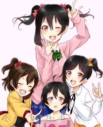 Rule 34 | 10s, 1boy, 3girls, \m/, bad id, bad pixiv id, black hair, blush, bow, double \m/, hair bow, highres, love live!, love live! school idol project, multiple girls, nico nico nii, red eyes, red hair, siblings, side ponytail, smile, twintails, vorupi, yazawa cocoa, yazawa cocoro, yazawa cotaro, yazawa nico