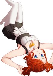 Rule 34 | 1girl, anura (whrhkdxod), apron, arms up, bare shoulders, blue eyes, breasts, curly hair, highres, leg up, looking at viewer, lying, medium breasts, on back, original, pantyhose, red hair, short hair, solo, waist apron, white pantyhose