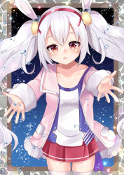 Rule 34 | 1girl, animal ears, azur lane, blush, breasts, camisole, collarbone, commentary request, cowboy shot, fur-trimmed jacket, fur trim, hair between eyes, hair ornament, hairband, jacket, laffey (azur lane), long hair, long sleeves, looking at viewer, misaki (misaki86), open clothes, open jacket, outstretched arms, parted lips, pink jacket, pleated skirt, rabbit ears, red eyes, red hairband, red skirt, sidelocks, silver hair, skirt, sleeves past wrists, small breasts, solo, thighhighs, twintails, very long hair, water drop, white camisole, white thighhighs