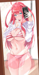 Rule 34 | 1girl, bikini, blue eyes, breasts, cellphone, cleavage, clothes lift, go-toubun no hanayome, large breasts, legs together, micosiva, nakano itsuki, navel, phone, red hair, see-through, see-through skirt, selfie, shirt lift, skirt, solo, striped bikini, striped clothes, swimsuit, thigh gap, thighs
