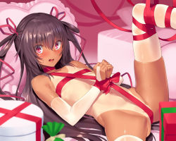 Rule 34 | 1girl, ass, bed, blush, bound, bridal gauntlets, brown hair, commentary, commentary request, dark-skinned female, dark skin, gift, groin, hair ornament, hair ribbon, heart, heart-shaped pillow, highres, leg up, long hair, looking at viewer, lying, mizuki yukikaze, naked ribbon, ohlia, on bed, one-piece tan, open mouth, pillow, red eyes, red ribbon, ribbon, solo, sweat, taimanin (series), taimanin yukikaze, tan, tanline, tied up, valentine, very long hair, white legwear, wide hips