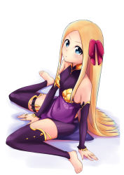 Rule 34 | 1girl, abigail williams (fate), alternate costume, bare shoulders, barefoot, blonde hair, blue eyes, blush, breasts, chobbi, commentary request, cosplay, detached sleeves, dot nose, dress, fate/grand order, fate (series), feet, from side, hair ornament, highres, jewelry, kama (fate), kama (fate) (cosplay), long hair, long sleeves, looking at viewer, parted bangs, pink ribbon, purple dress, purple thighhighs, ribbon, ring, simple background, sitting, small breasts, solo, thighhighs, white background