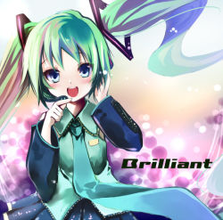 Rule 34 | 1girl, blue eyes, green hair, hair ribbon, hand on own ear, hand on own ear, hatsune miku, looking at viewer, necktie, open mouth, ribbon, sho (runatic moon), smile, solo, twintails, vocaloid