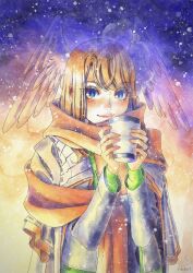 Rule 34 | 1girl, blue eyes, brown hair, closed mouth, commentary, cosplay, cup, eunie (xenoblade), eyelashes, gradient background, head wings, highres, holding, holding cup, looking at viewer, medium hair, orange scarf, pink lips, scarf, smile, snowing, taion (xenoblade), taion (xenoblade) (cosplay), upper body, vvbert, wings, xenoblade chronicles (series), xenoblade chronicles 3