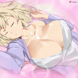 Rule 34 | 1girl, bakugou mitsuki, blonde hair, boku no hero academia, breasts, cafekun, camisole, cleavage, closed eyes, collarbone, cum, cum on body, cum on breasts, cum on upper body, facial, hair between eyes, highres, jacket, large breasts, long sleeves, mature female, milk, off shoulder, open clothes, open jacket, purple jacket, short hair, sleeping, solo, spiked hair, suggestive fluid, white camisole