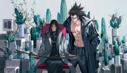 Rule 34 | 1boy, 1girl, abs, black hair, bleach, bleach: sennen kessen-hen, cactus, closed mouth, grin, hand in pocket, highres, holding, holding sword, holding weapon, jacket, long hair, long sleeves, official alternate hairstyle, open clothes, open jacket, plant, potted plant, ruoruoqiuu, scar, scar on face, sheath, sheathed, sitting, smile, sword, teeth, unohana retsu, weapon, zaraki kenpachi