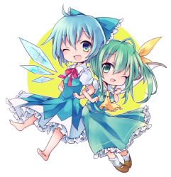 Rule 34 | 2girls, ascot, bad id, bad pixiv id, barefoot, blue dress, blue eyes, blue hair, bow, cirno, daiyousei, dress, fairy wings, green eyes, green hair, hair bow, ice, ice wings, locked arms, looking at viewer, multiple girls, one eye closed, open mouth, puffy sleeves, shirt, short sleeves, smile, touhou, wings, wink, yukimiya (parupunta)