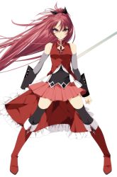 Rule 34 | 1girl, bad id, bad twitter id, bare shoulders, boots, capelet, clenched hands, detached sleeves, glaring, highres, knee boots, long hair, mahou shoujo madoka magica, mahou shoujo madoka magica (anime), misteor, pink eyes, pink hair, pink skirt, polearm, ponytail, red footwear, sakura kyoko, sakura kyoko (magical girl), skirt, solo, soul gem, spread legs, thighhighs, thighhighs under boots, weapon, white background, white capelet