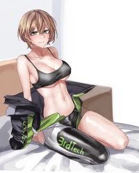 Rule 34 | 1girl, absurdres, bed, black shirt, blonde hair, bodysuit, breasts, cleavage, clothes lift, collarbone, counter:side, green eyes, highres, kang soyoung, looking at viewer, medium breasts, medium hair, mmm (ji1945), navel, official alternate costume, open bodysuit, open clothes, shirt, shirt lift, simple background, sitting, smile, solo, stomach