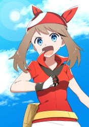 Rule 34 | 1girl, :d, absurdres, bad id, bad pixiv id, bandana, blue eyes, blue sky, brown hair, cloud, collared jacket, creatures (company), day, game freak, gloves, highres, jacket, lens flare, long hair, looking at viewer, may (pokemon), nintendo, open mouth, outdoors, pokemon, pokemon rse, red bandana, red jacket, short sleeves, sky, smile, solo, upper body, v-shaped eyebrows, wing collar, yuihico