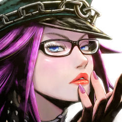 Rule 34 | 1girl, bespectacled, black-framed eyewear, blue eyes, blush, capcom, chain, collar, eyebrows, eyelashes, female focus, final fight, fingernails, glasses, half-closed eyes, hat, leash, lips, lipstick, long hair, looking at viewer, makeup, nail polish, neo-stalker, nose, parted lips, pink hair, poison (final fight), portrait, purple hair, simple background, solo, white background