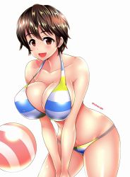 Rule 34 | 10s, 1girl, :d, ball, bare arms, bare shoulders, beachball, bikini, black hair, blue bikini, blush, breast press, breasts, breasts squeezed together, brown eyes, cleavage, collarbone, cowboy shot, from side, green bikini, groin, happy, hip focus, idolmaster, idolmaster cinderella girls, large breasts, leaning forward, legs apart, looking at viewer, multi-strapped bikini bottom, oikawa shizuku, open mouth, own hands together, shiny skin, short hair, sideboob, simple background, smile, solo, standing, strap gap, striped bikini, striped clothes, swimsuit, thighs, twitter username, umasan, v arms, white background, white bikini