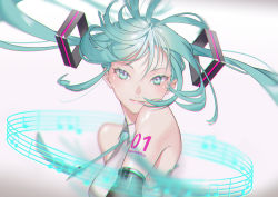 Rule 34 | 1girl, aqua eyes, aqua hair, aqua necktie, arms at sides, bare shoulders, beamed eighth notes, blurry, character name, closed mouth, collared shirt, depth of field, floating hair, hatsune miku, highres, light blush, light smile, long hair, looking at viewer, messy hair, musical note, necktie, nisui, number tattoo, quarter note, shiny skin, shirt, shoulder tattoo, sleeveless, sleeveless shirt, solo, staff (music), tattoo, tsurime, twintails, vocaloid, white shirt