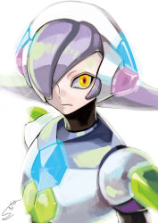 Rule 34 | 1boy, android, armor, capcom, dated, hair over one eye, headgear, highres, light purple hair, looking at viewer, lumine (mega man), male focus, mega man (series), mega man x8, mega man x (series), power armor, short eyebrows, signature, simple background, solo, sumomo, upper body, white background, yellow eyes